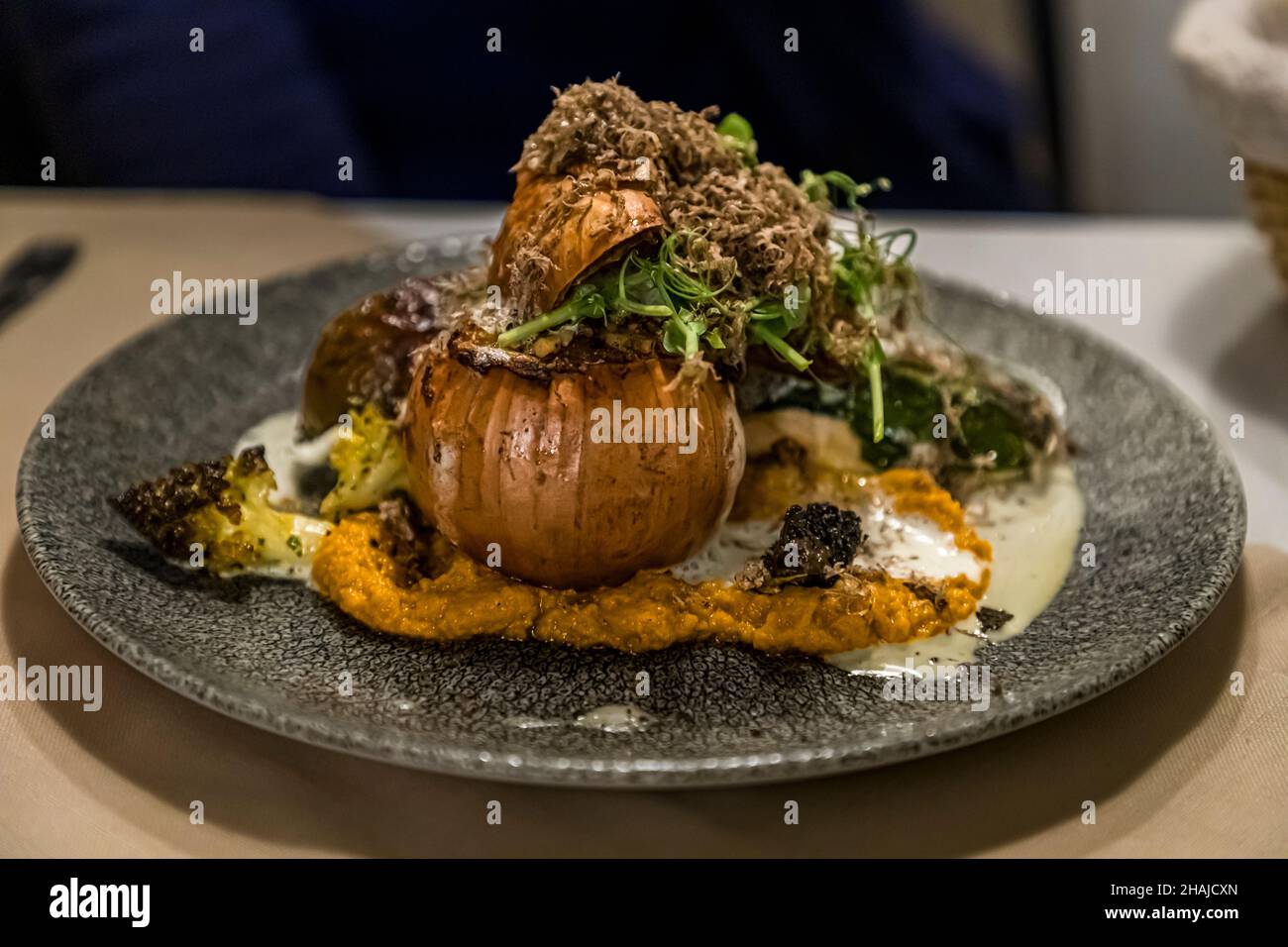 Dish of chef Alexandre Dimtch, Restaurant Saint Marc, Aups, with freshly grated black truffles in Aups, France Stock Photo