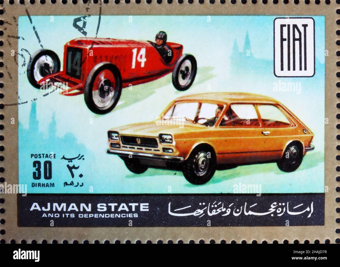 AJMAN - CIRCA 1972: a stamp printed in the Ajman shows Fiat, Cars Then and Now, circa 1972 Stock Photo