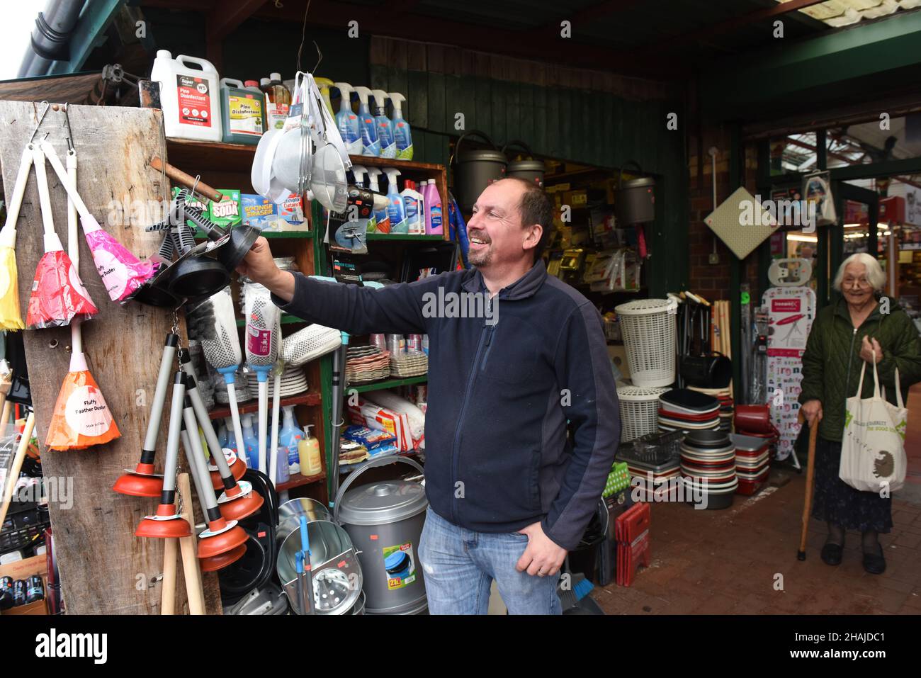Wellington Market in October 2019. Mark Eardley the ironmonger and household wares stall called Aladdin's Cave. Mark has been trading at the market since 1984. Market Traders trader stallholder stall holder Stock Photo