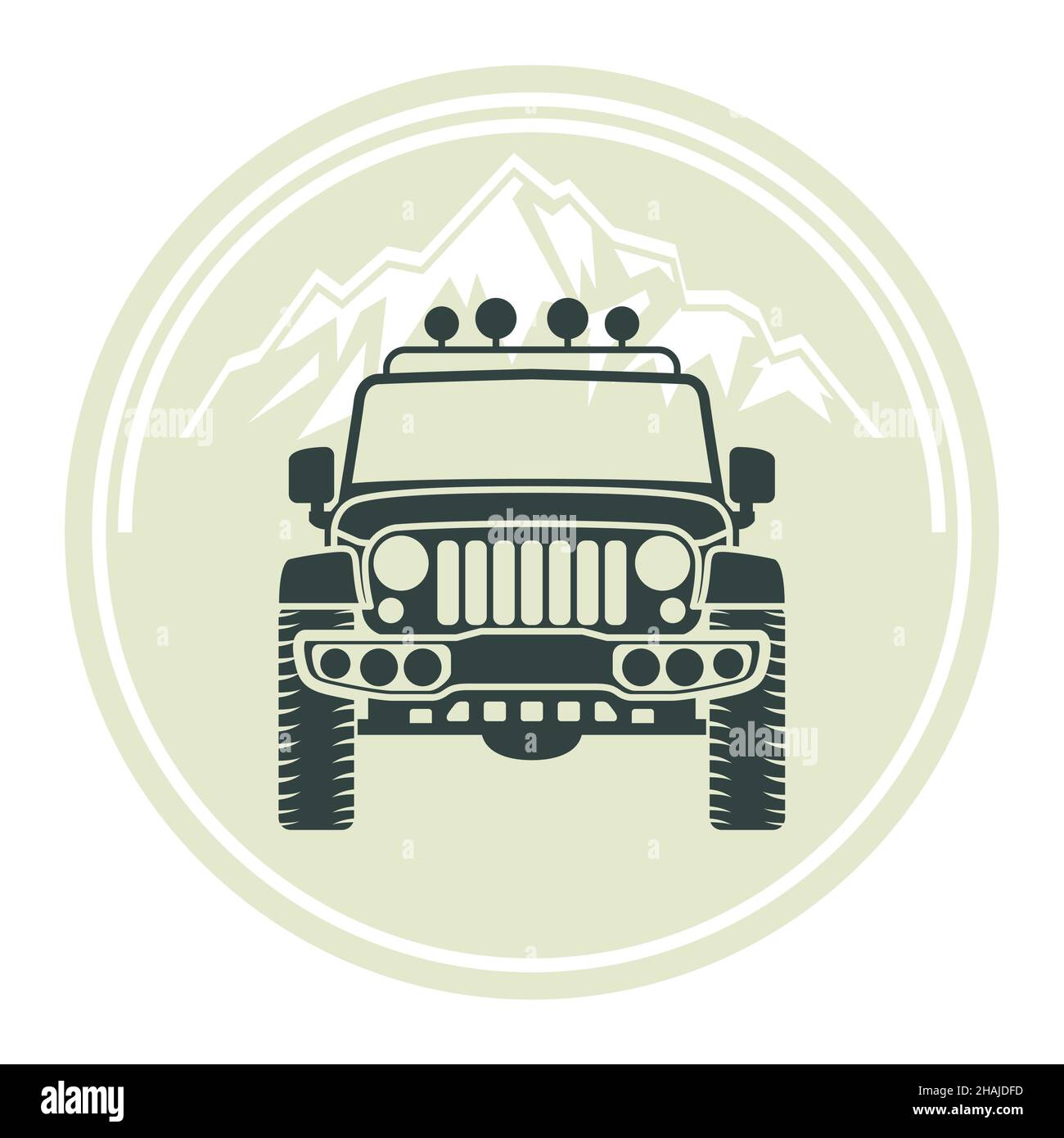 Off Road car front view, SUV and mountain for labels, emblems, badges or logos, vector Stock Vector