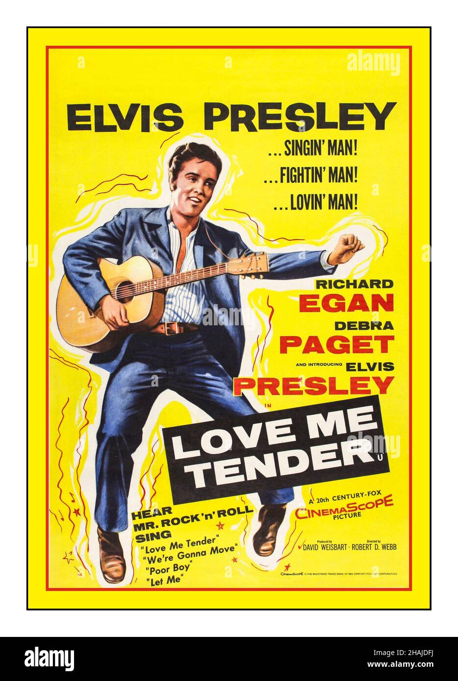 ELVIS PRESLEY Vintage Movie Film Poster 'Love Me Tender  is a 1956 American musical Western film directed by Robert D. Webb, and released by 20th Century Fox on November 15, 1956. The film, named after the song, stars Richard Egan, Debra Paget, and Elvis Presley in his acting debut. As Presley's movie debut, it was the only time in his acting career that he did not receive top billing. Stock Photo