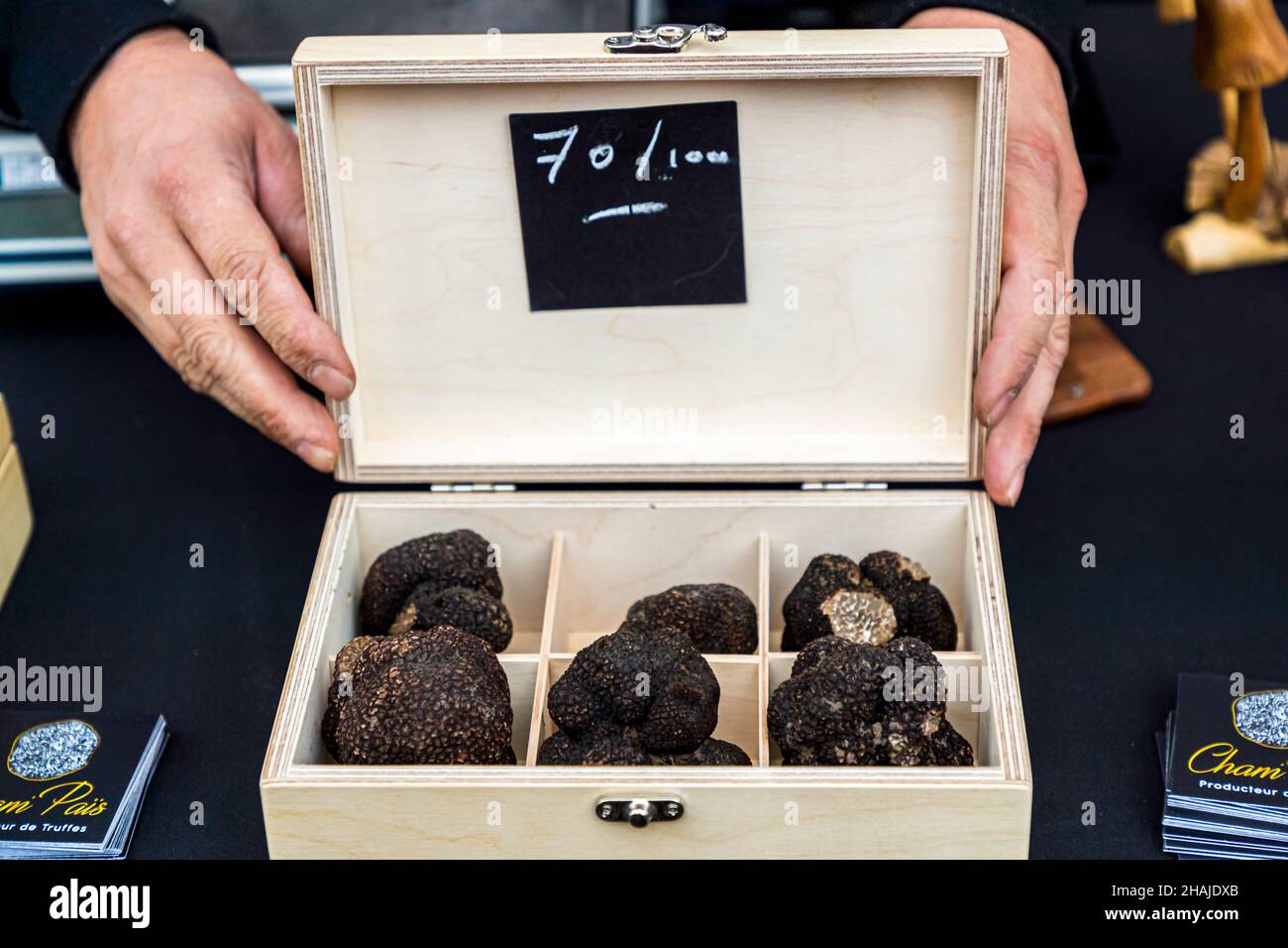 The truffle market in Aups (France) takes place every Thursday from the beginning of December until March. The truffle market of Aups is the third largest of its kind in all of France. Here the truffle dealers sell directly to end customers. Elsewhere in the truffle trade are usually interposed wholesalers Stock Photo
