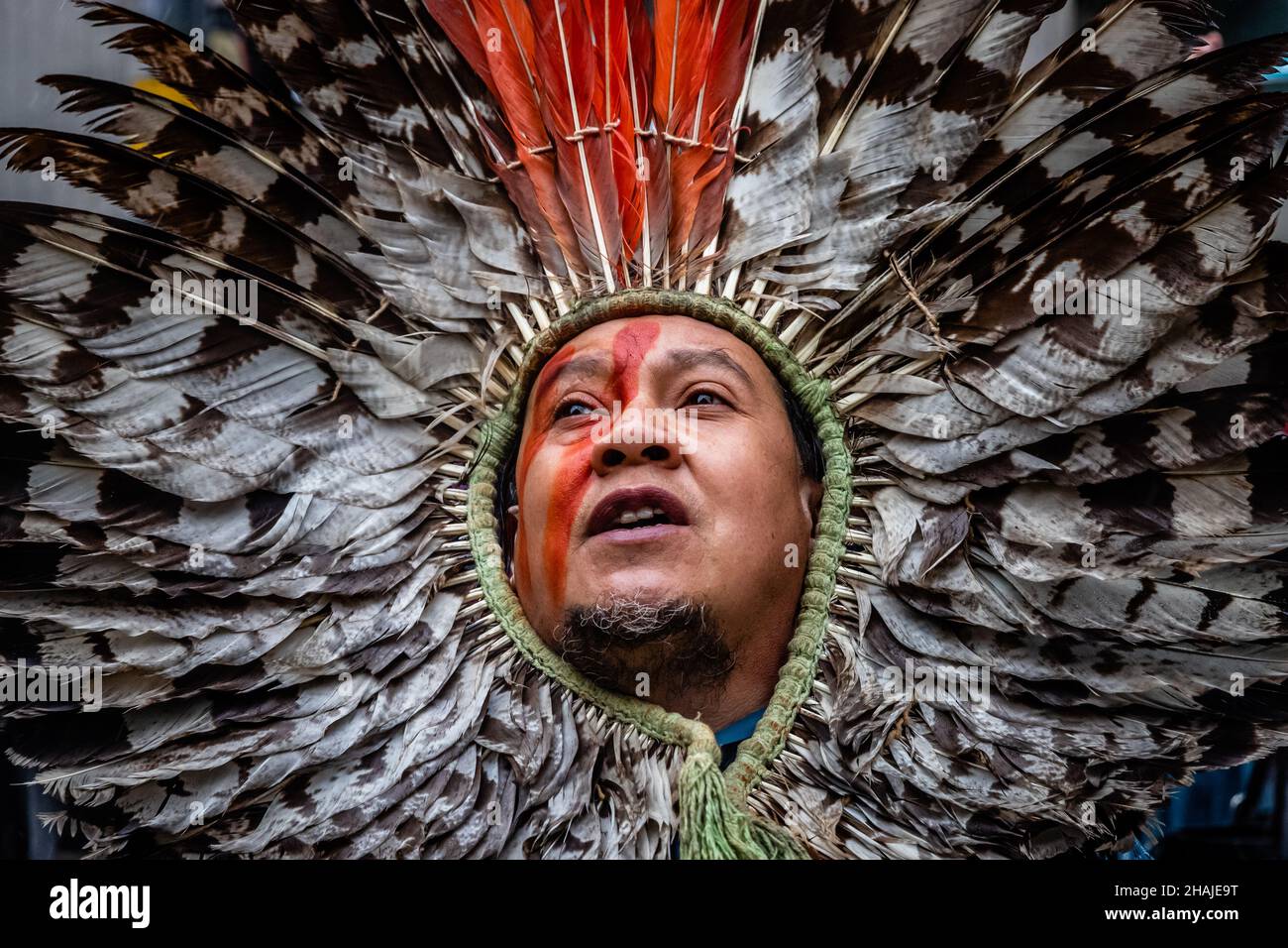 Male member of an Indigenous community join the demonstration in Glasgow, 6th November 2021. COP26 Stock Photo