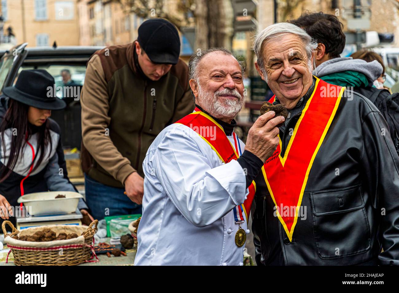 Highly decorated chefs of the French Escoffier Association on the Truffles-Market in Aups, France Stock Photo