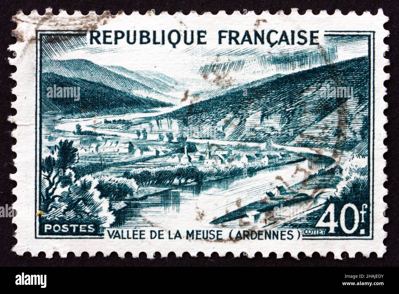 FRANCE - CIRCA 1949: a stamp printed in the France shows View of Meuse Valley, Ardennes, circa 1949 Stock Photo