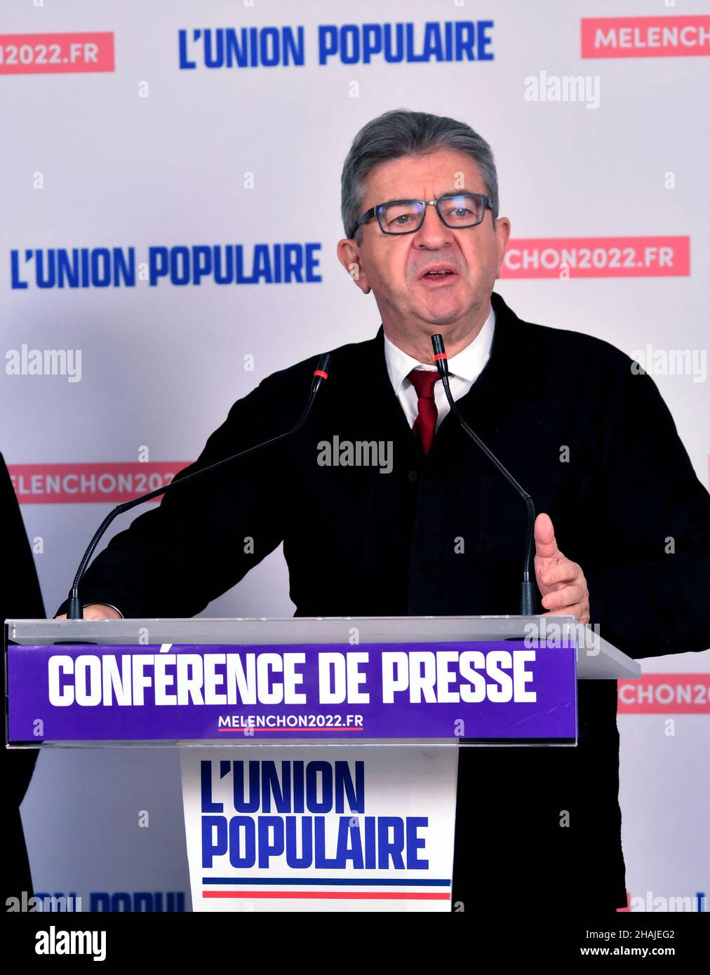 La France Insoumise leader Jean-Luc Melenchon during a press conference on  the presidential campaign, in Paris, France, on December 13, 2021. Melenchon  launches his 'Popular Union' against the far right. Photo by