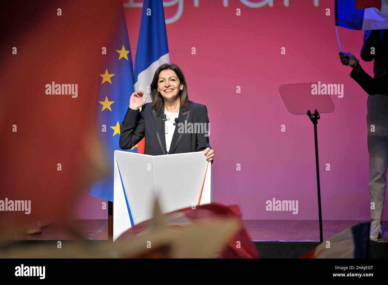 Ana María 'Anne' Hidalgo Aleu delivers a speech on stage during a meeting in Perpignan.Anne Hidalgo, the French Socialist presidential candidate, has repeated her plea for her leftwing rivals to unite, saying the left risked collapsing amid the alarming rise of the far-right. Taking the stage, she appealed to other candidates on the left not to split the vote: “Wake up, see the danger that is facing us.” French voters felt “despairing and anguished” that the left was being drowned out of the political debate, she said. Stock Photo