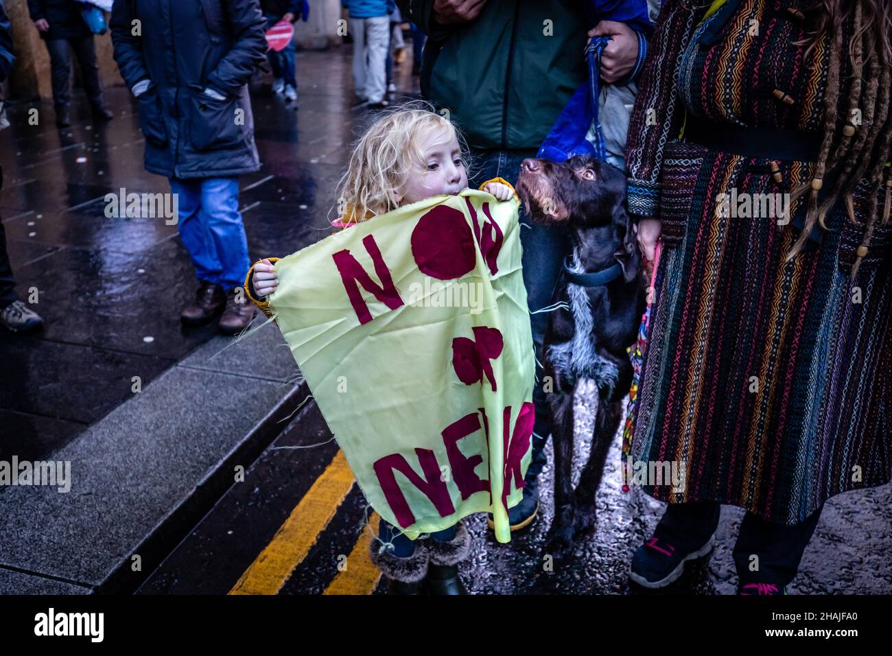 Young toddler marches through the wet streets of central Glasgow with her parents holding a homemade sign.  100,000 people demonstrated on the 6th November 2021 as part of the Climate Change talks. (COP26) Stock Photo