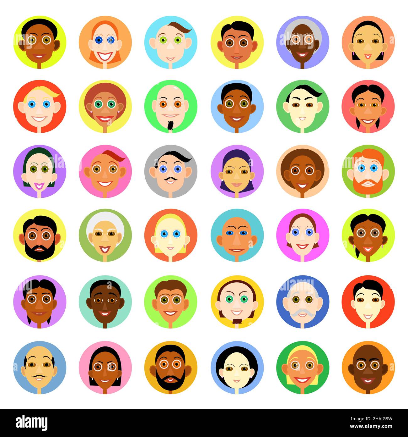 Multiethnic people avatars set in flat vector style. Smiling woman and men face round icons. Stock Vector