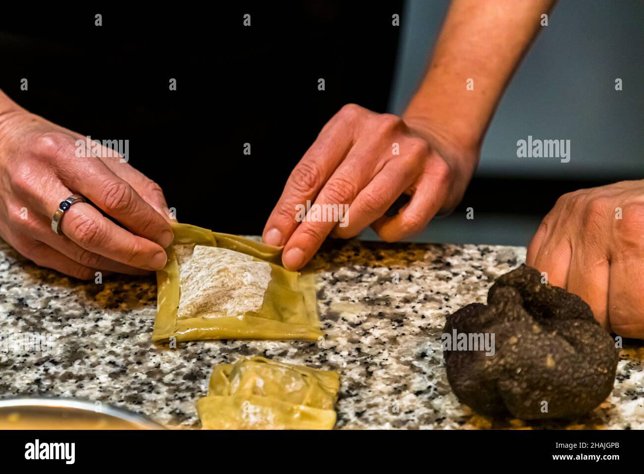 Goose liver ravioli with truffle in Aups, France Stock Photo