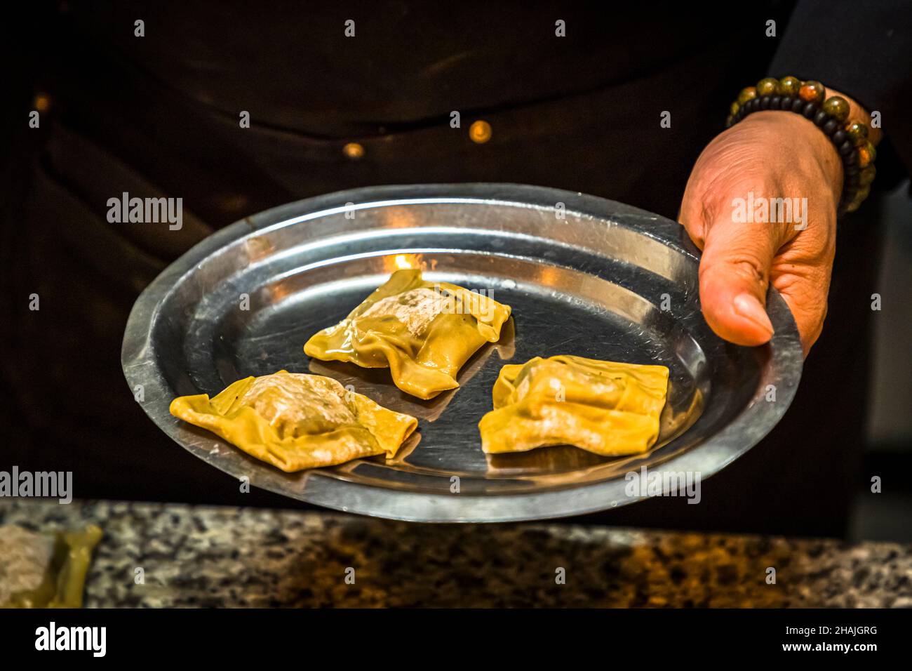 Goose liver ravioli with truffle in Aups, France Stock Photo