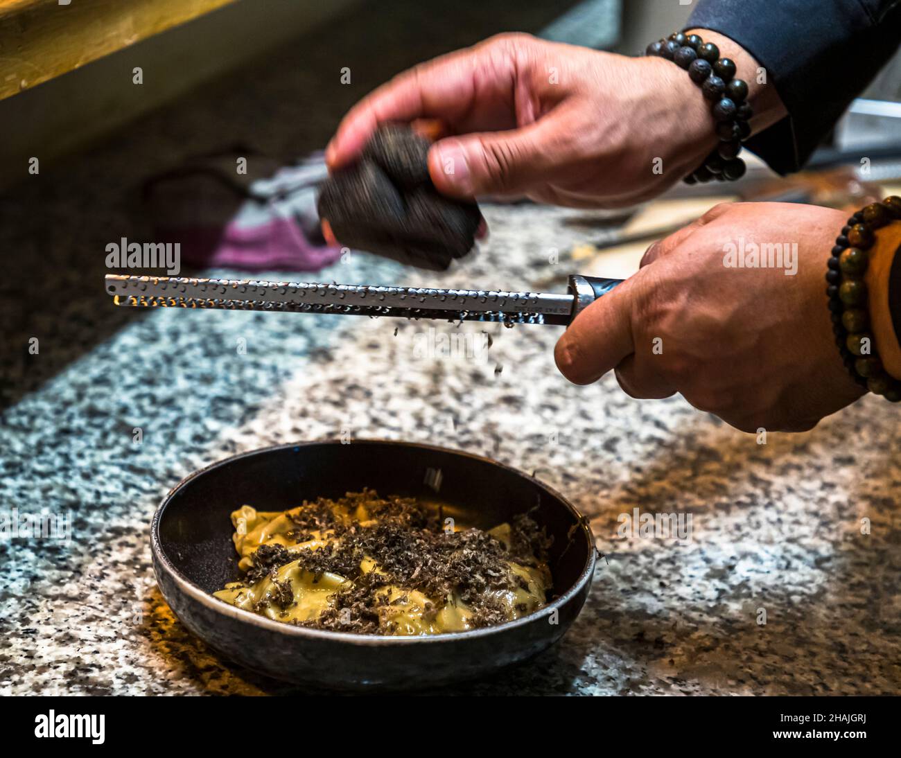 Goose liver ravioli with truffle in Aups, France Stock Photo