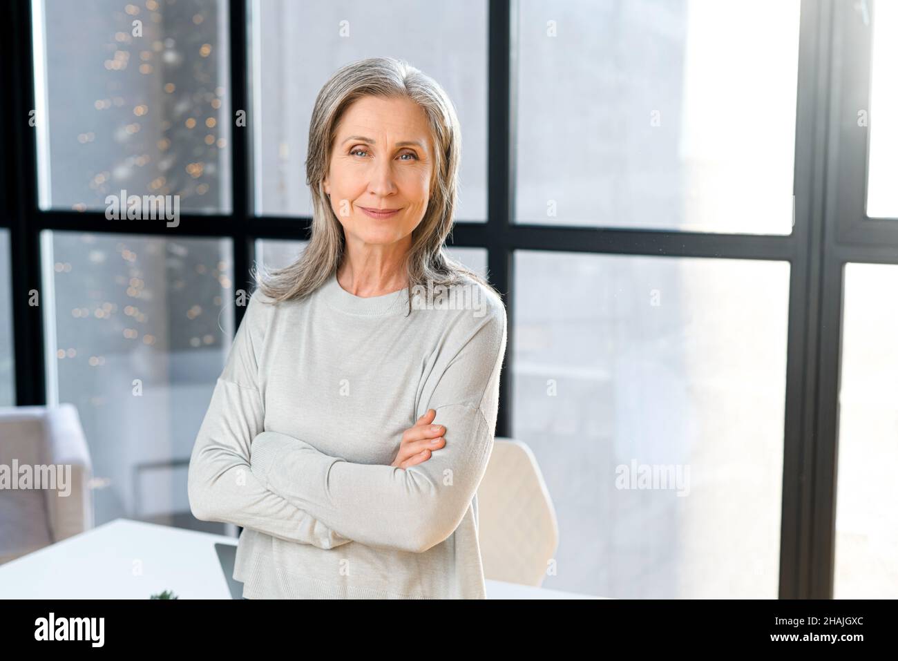 Portrait of an elegant stylish mature middle-aged gray-haired  businesswoman, ceo in glasses standing in the modern office and posing with  the arms folded and looking at the camera Stock Photo - Alamy
