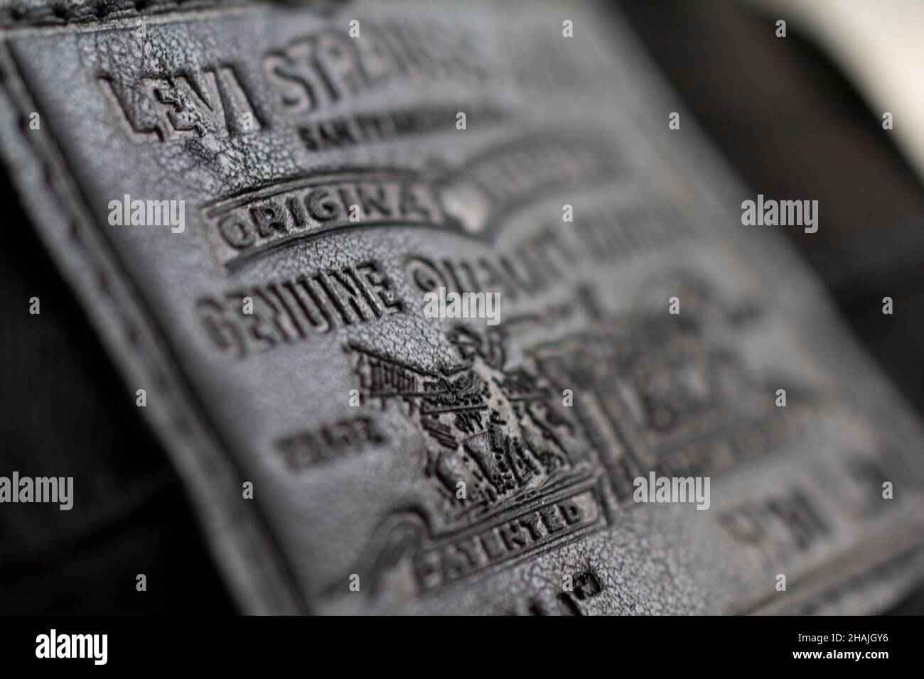 Black Levi Strauss jeans label, made by Levis Stock Photo