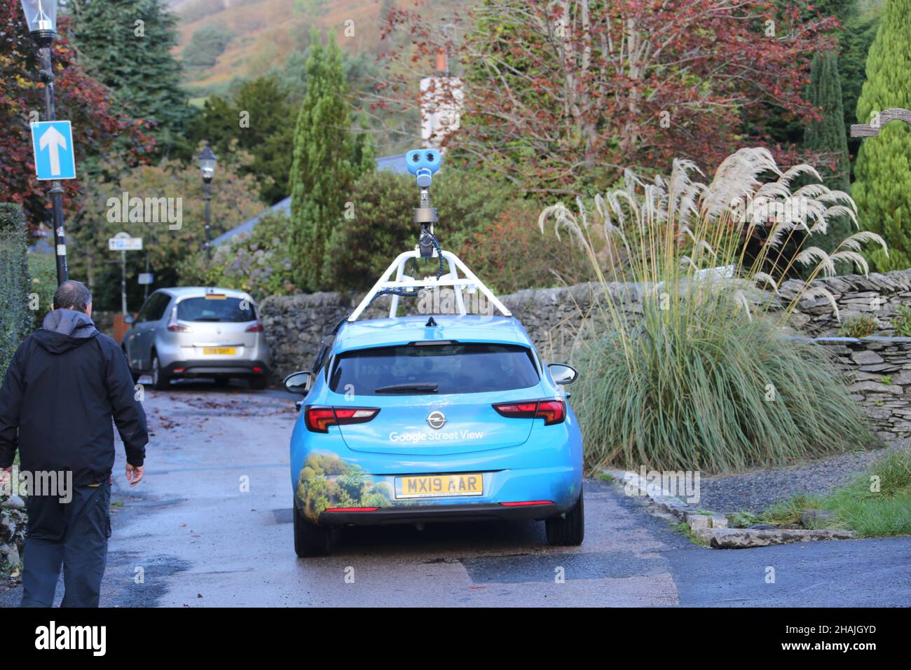Luss, Argyll, Scotland, A google street car drives down School Lane in the village of Luss mapping and updating Google Maps Stock Photo