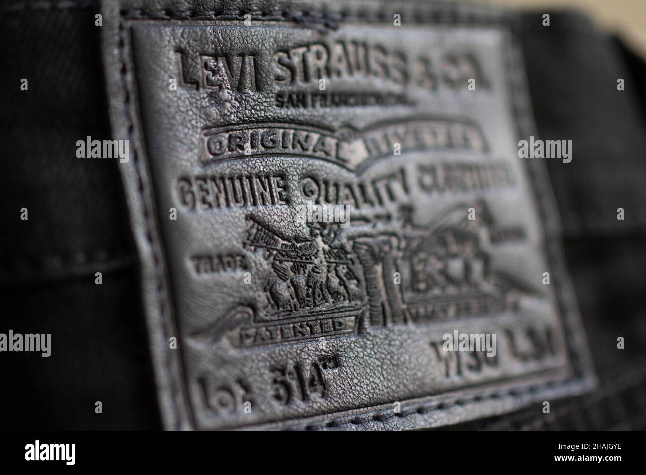 Black Levi Strauss jeans label, made by Levis Stock Photo