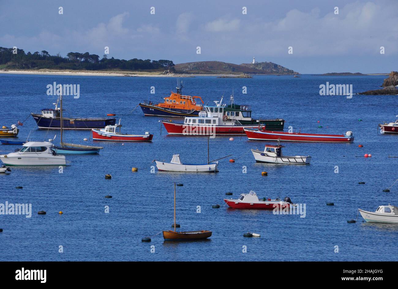 Boats at anchor in St Marys harbour,Isles of Scilly Stock Photo