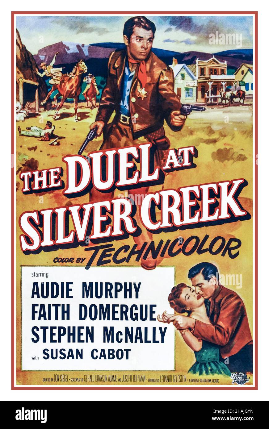 Vintage 1950's movie film poster 'THE DUEL AT SILVER CREEK', Audie Murphy, Faith Domergue, Stephen McNally, & Susan Cabot, Directed by Don Siegel Produced by Leonard Goldstein Universal Pictures 1952 Stock Photo