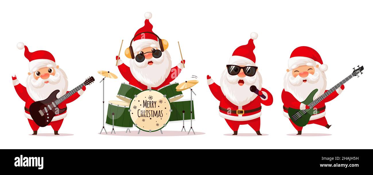 Cute Santa Claus playing electric guitar, drums and singing, rock band. Vector illustration isolated on white background. Stock Vector