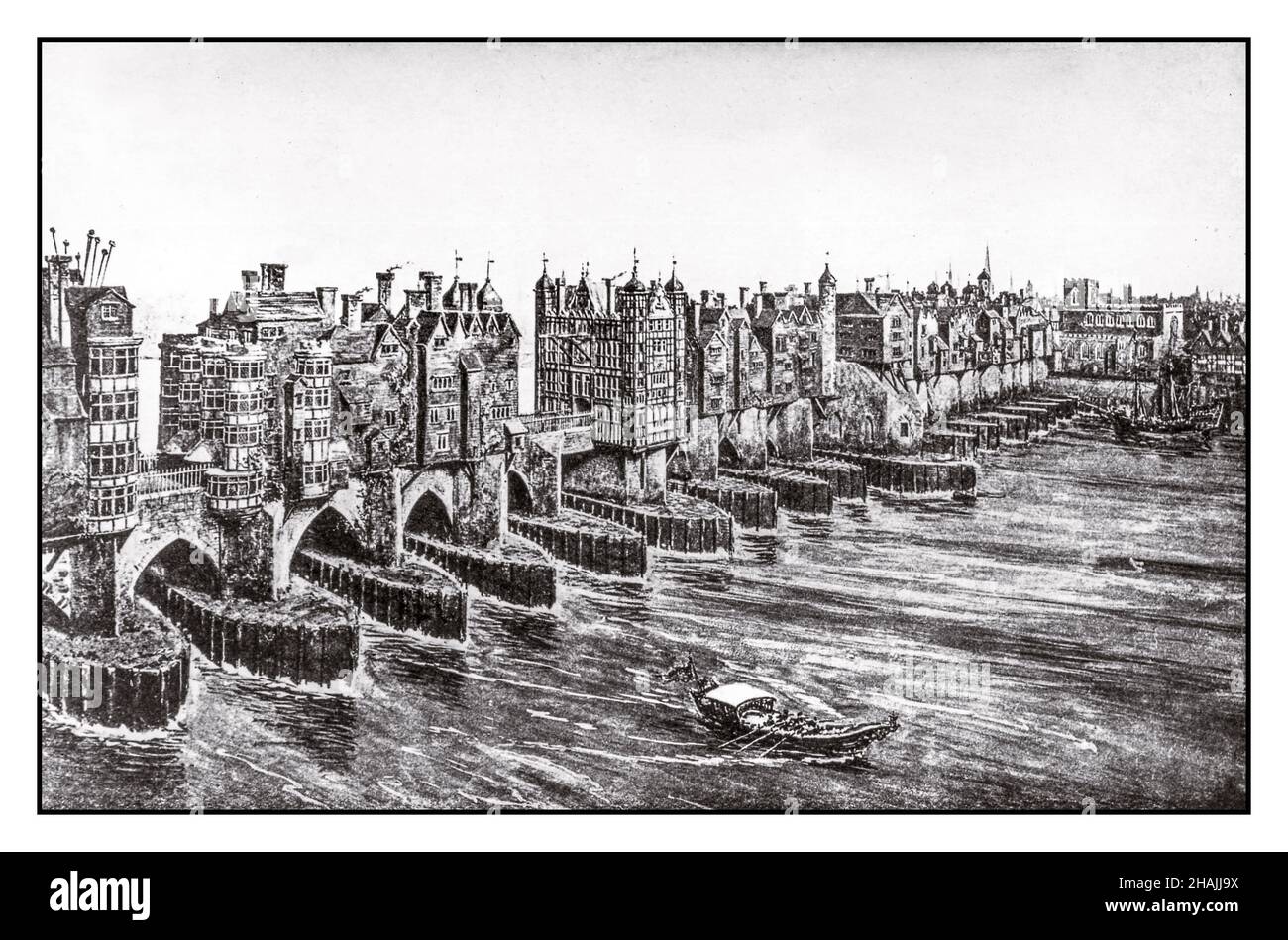 Archive London Bridge illustration River Thames 1660s before the Great Fire of London in 1660s; River Thames London UK 17th Century Stock Photo