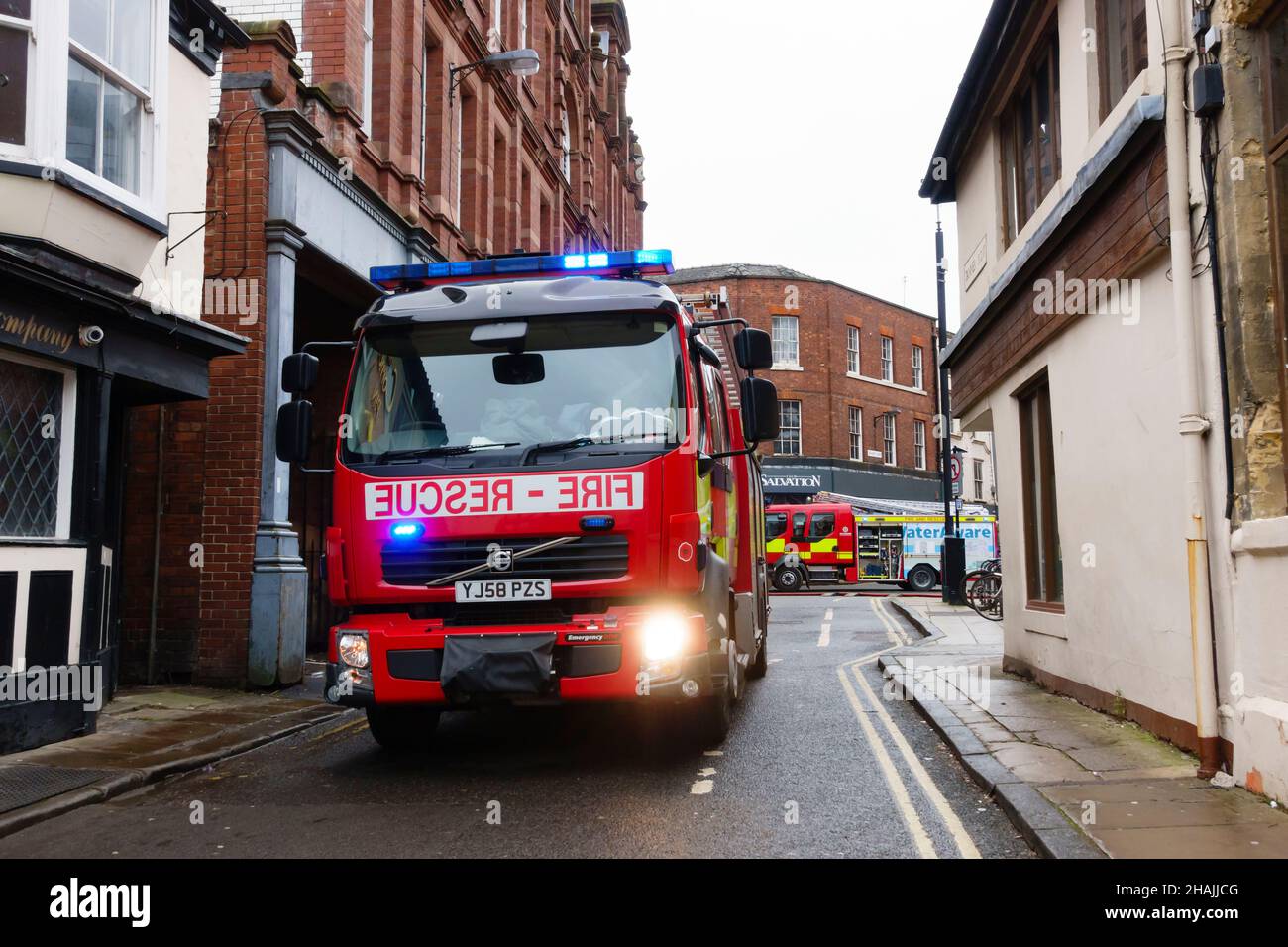 Fire engines and appliances  attend an incident at Akbars restaurant on George Hudson Street in York city centre. 13 December 2021. Stock Photo