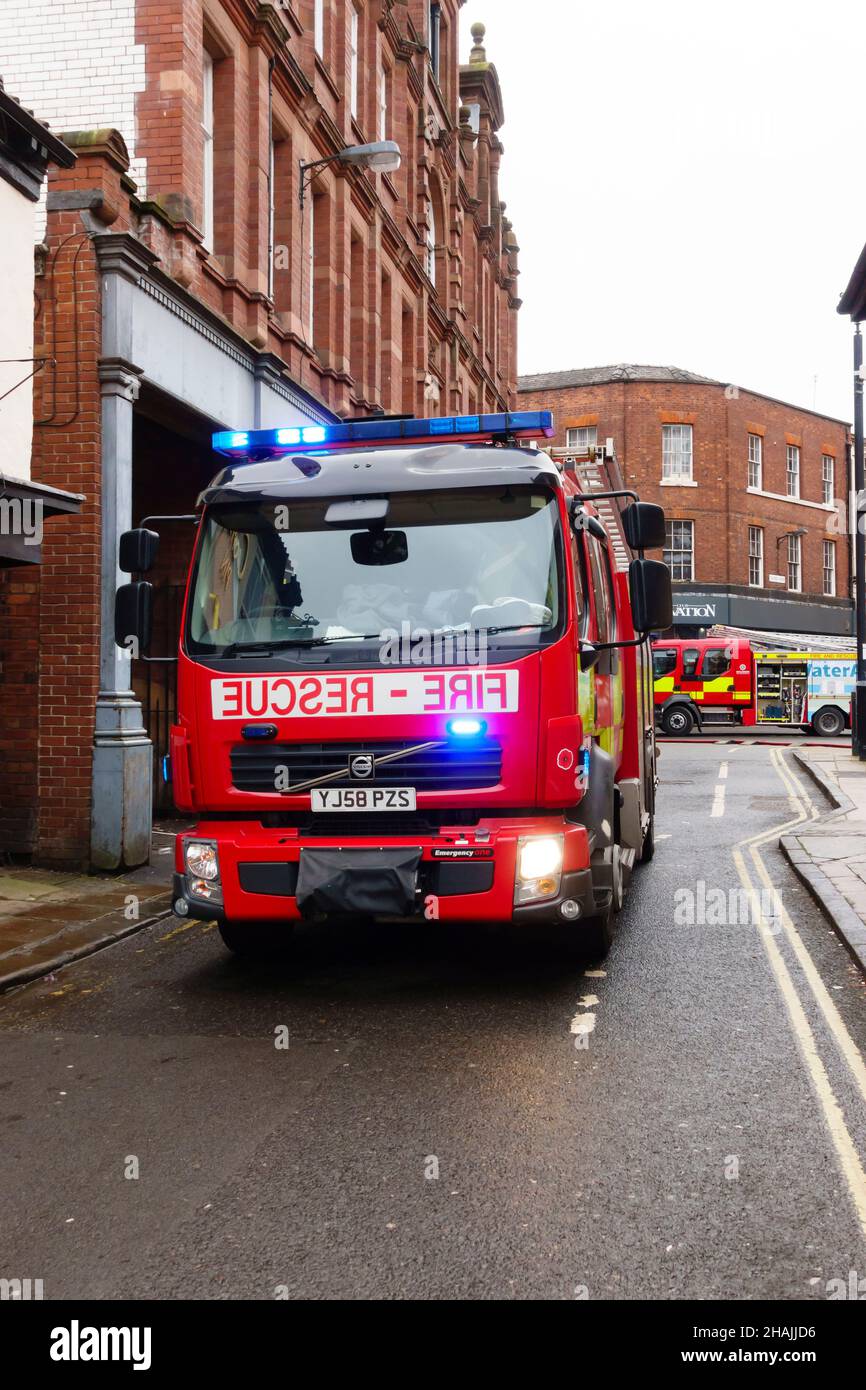 Fire engines and appliances  attend an incident at Akbars restaurant on George Hudson Street in York city centre. 13 December 2021. Stock Photo