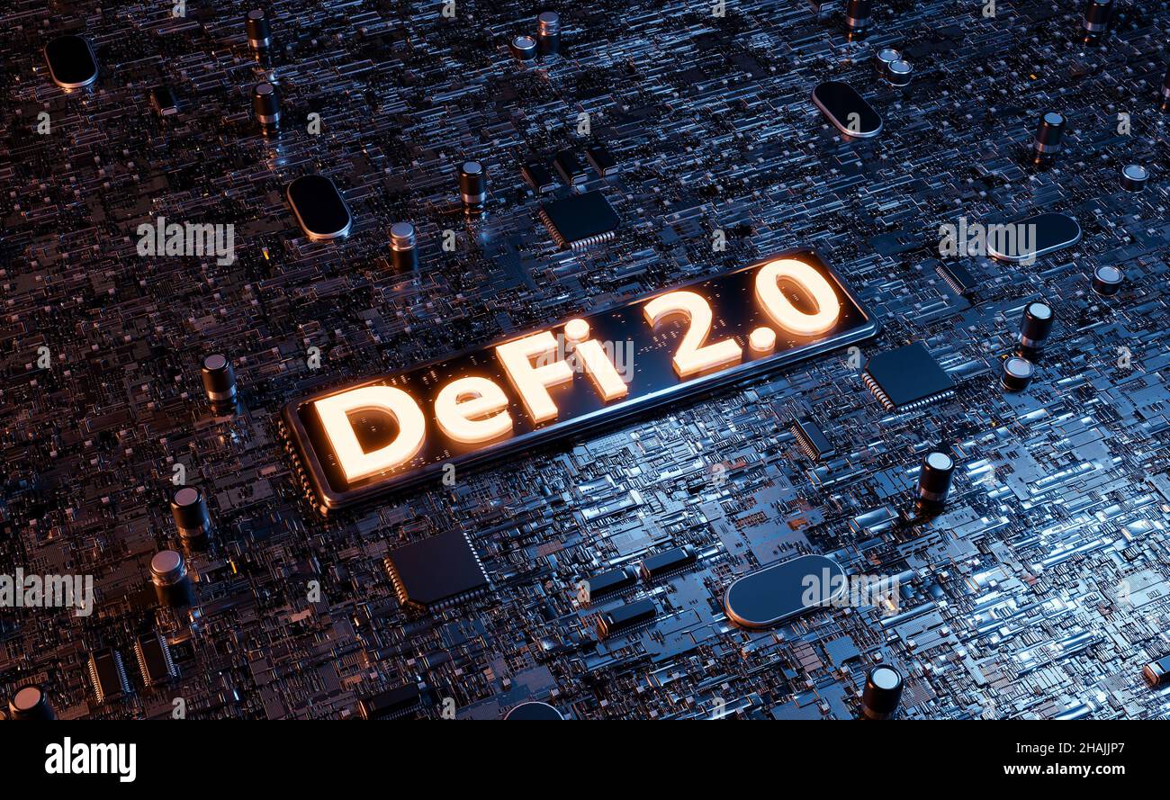 DeFi 2.0 sign on a chip of an electronic motherboard. concept of  decentralized finance, crypto, economics, trading and business. 3d  rendering Stock Photo - Alamy