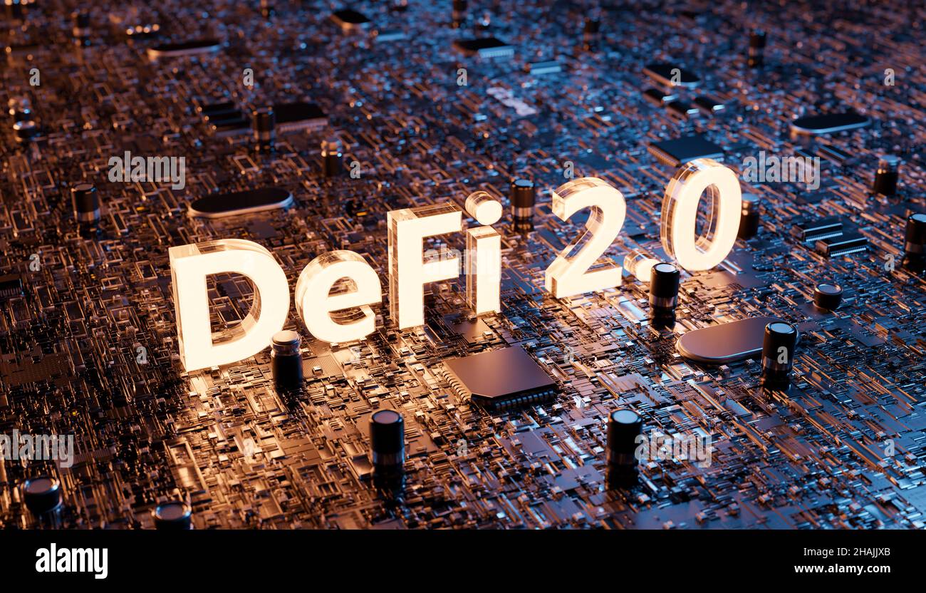 glowing DeFi 2.0 sign on an electronic motherboard. concept of  decentralized finance, crypto, economics, trading and business. 3d  rendering Stock Photo - Alamy