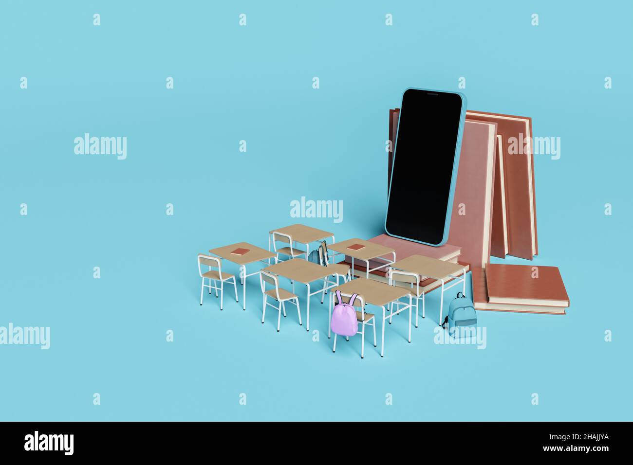 concept of an online classroom with desks and a mobile phone supported by books. education