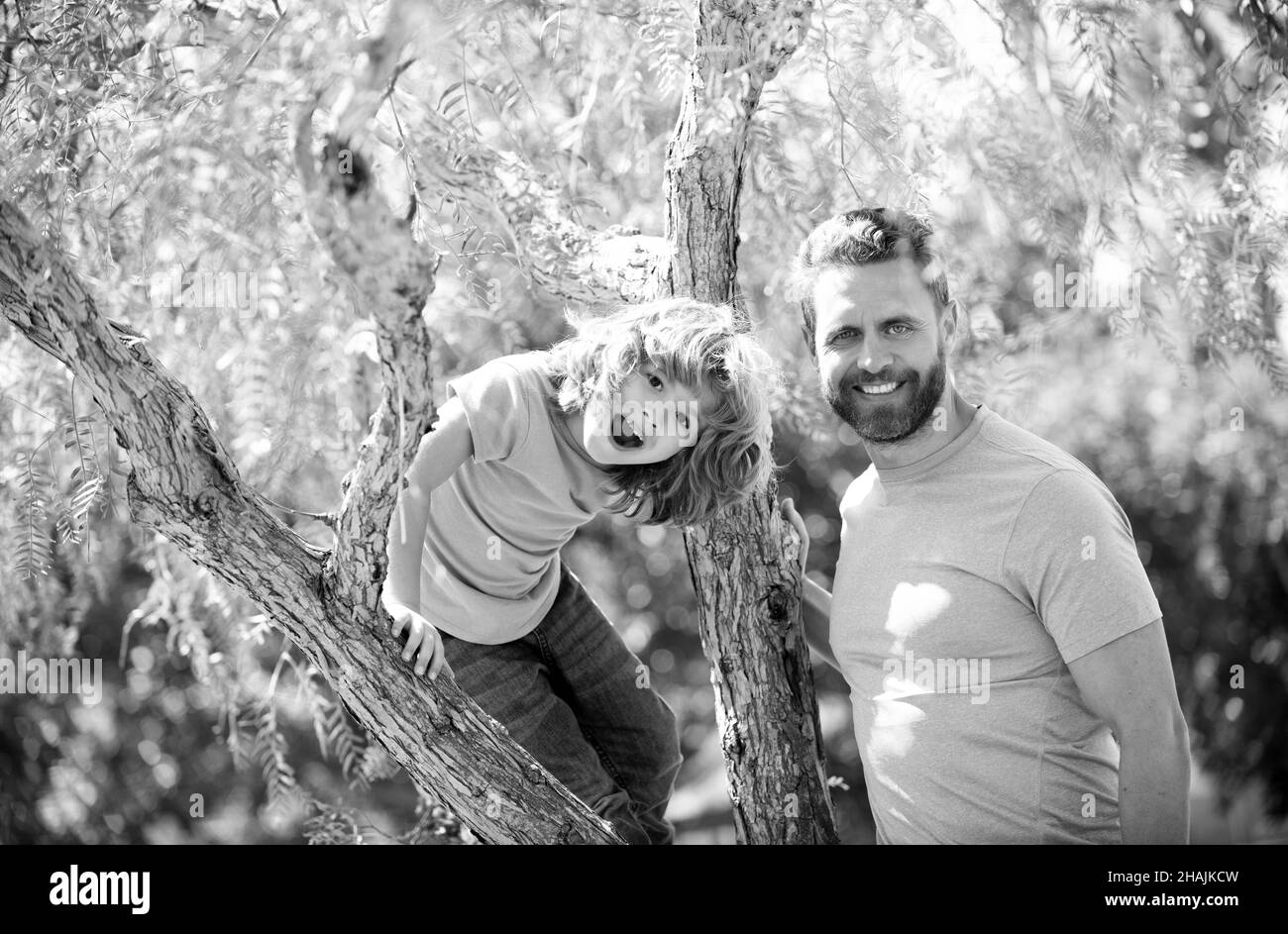 Happy family. Father and son smile sitting on tree. Family fun. Childhood and parenthood Stock Photo