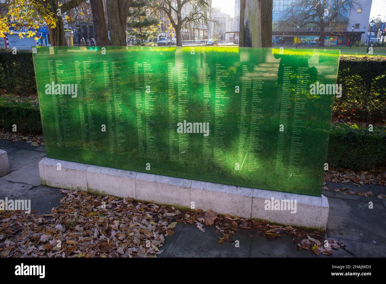 A glass panel alongside Southampton Cenotaph carrying the names of soldiers killed in the First World War Stock Photo