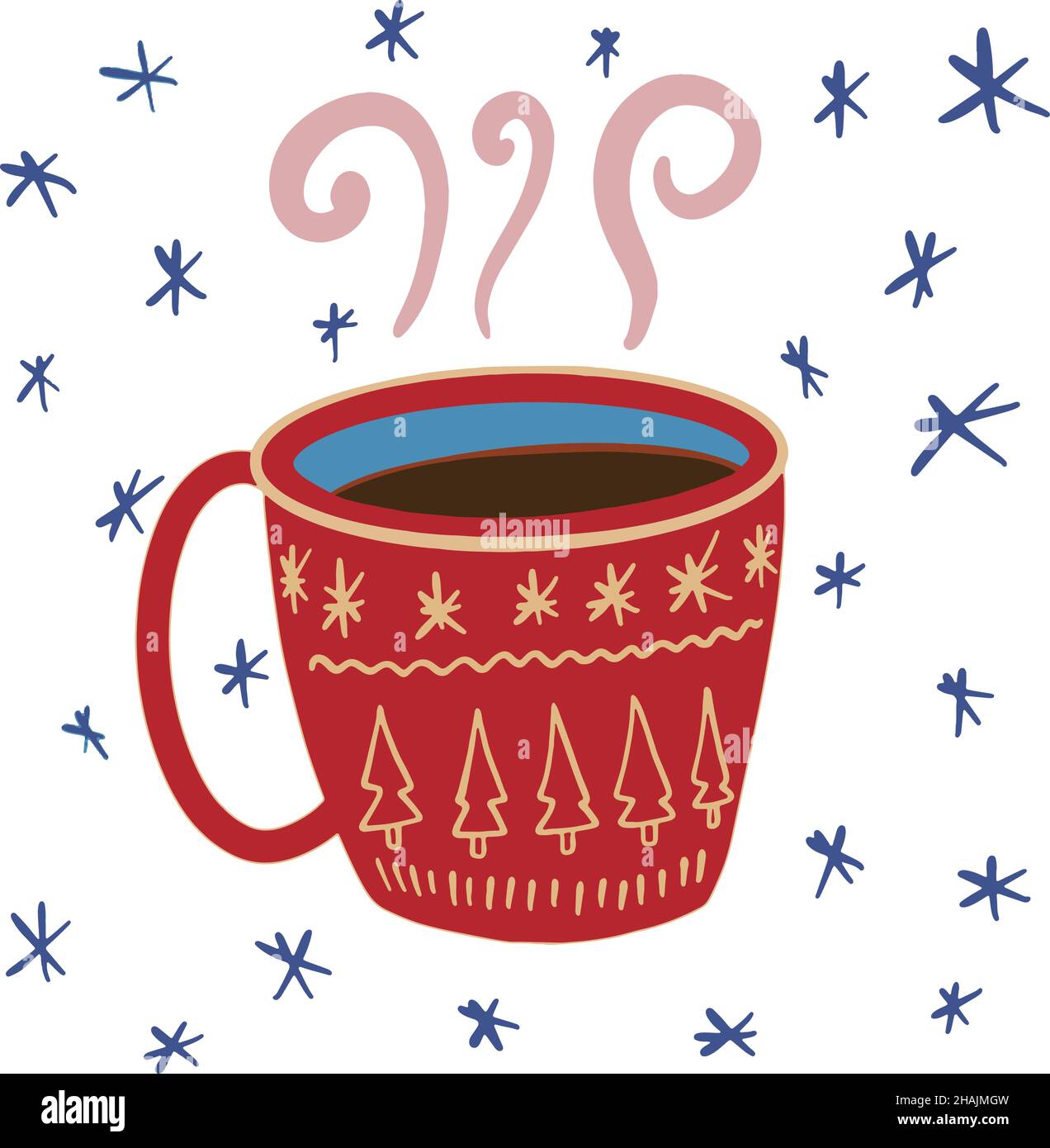 Hot drink tea cofee cup with ornament. Cozy winter holiday illustration. EPS 10 Stock Vector