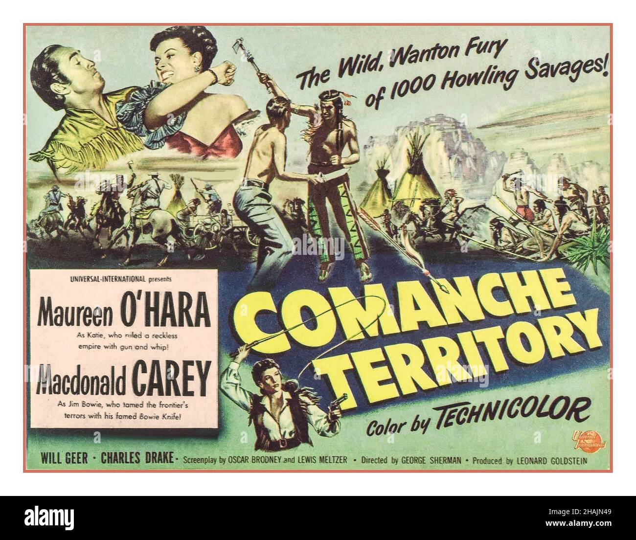 COMMANCHE TERRITORY Vintage Movie Film Poster 'Comanche Territory' USA aggression towards North American Indians  a 1950 American Western film directed by George Sherman and starring Maureen O'Hara and Macdonald Carey. Jim Bowie is sent into Comanche country on a mission to allow the government to mine silver on the Indian's turf. Starring Maureen O'Hara as Katie Howard. Macdonald Carey as James Bowie Will Geer as Dan'l Seeger Charles Drake as Stacey Howard Pedro de Cordoba as Quisima Ian MacDonald as Walsh Stock Photo