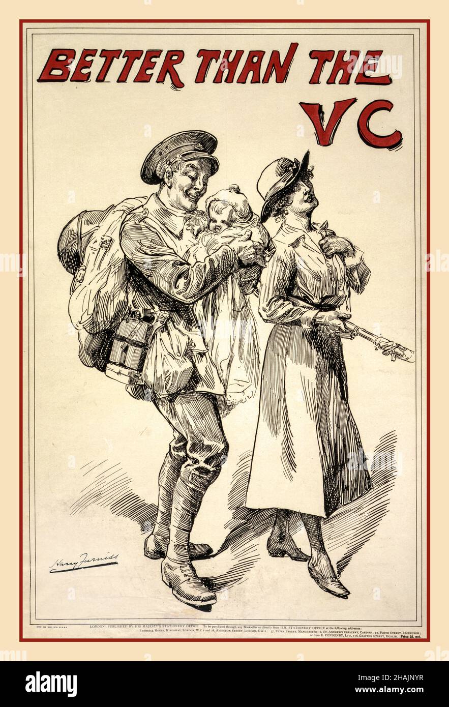 WW1 British Propaganda Poster 1918 showing a soldier holding a baby, as he follows his wife. with slogan 'Better Than The VC' Furniss, Harry, 1854-1925, artist Better than the V.C. [i.e., Victoria Cross] / Harry Furniss. Stock Photo