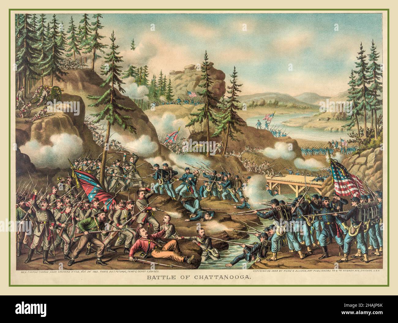 BATTLE OF CHATTANOOGA Vintage 1860's American Civil War colour Illustration Poster 'Battle of Chattanooga'--Gen. Thomas' charge near Orchard Knob, Nov. 24' 1863--parts A.O.T. Potomac, Tenne. & Cumbd. engaged Tennessee USA Stock Photo