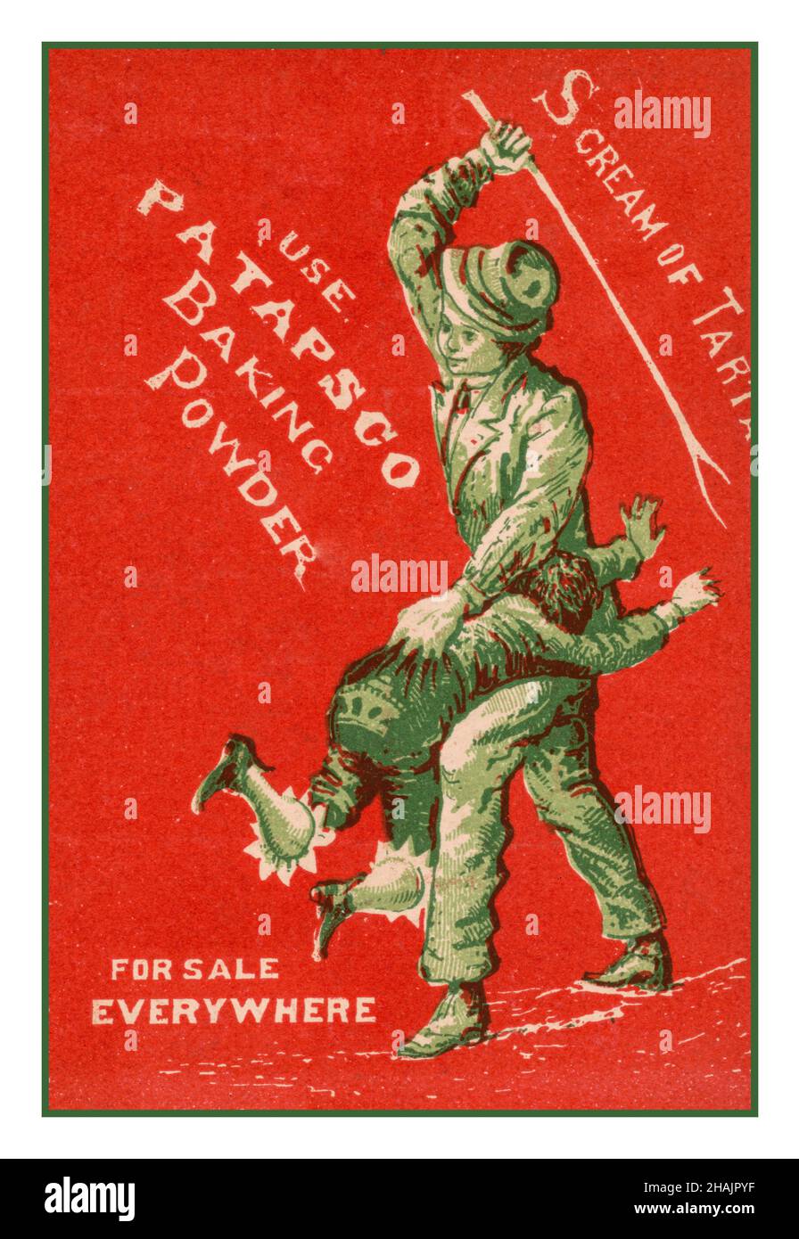 Vintage1870 very non PC advertising Scream of tarta[r]. Use Patapsco baking powder. For sale everywhere Vintage archive non pc advertising Print shows a young man holding a young boy over his knee and is about to beat him with a switch. The young boy has a crown on the seat of his pants. Stock Photo