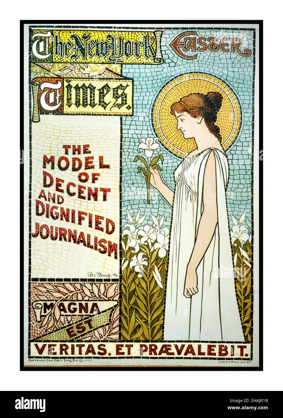 The New York Times 1890s Lithograph Illustration at. Easter. 'The model of decent and dignified journalism' / De Yongh. Woman holding lily. New York : Lieber & Maass Lith., 1896. Women--1890-1900 Newspapers--1890-1900  Easter--1890-1900 Lilies--1890-1900 Advertisements--1890-1900. Book & magazine posters--American--1890-1900. Lithographs--Color--1890-1900. Stock Photo