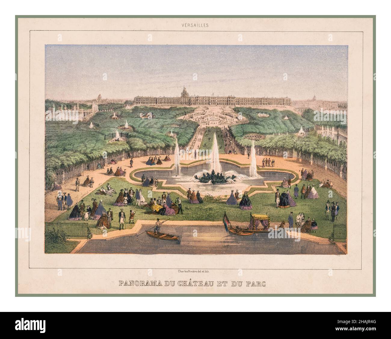 Versailles Vintage Lithograph 1860. Panorama du Château et du parc / Charles Rivière del. et lith. Bird's-eye view of park with ponds, fountains, gardens, and sightseers, with the château in the background, Versailles, France. Rivière, Charles, lithographer Maison Martinet (Paris, France), publisher [Paris] : [Maison Martinet], [1860 or 1861] -  Château de Versailles (Versailles, France)--1860-1870 -  Parks--France--Versailles--1860-1870 -  Fountains--France--Versailles--1860-1870 -  Gardens--France--Versailles--1860-1870 -  Lakes & ponds--France--Versailles Stock Photo