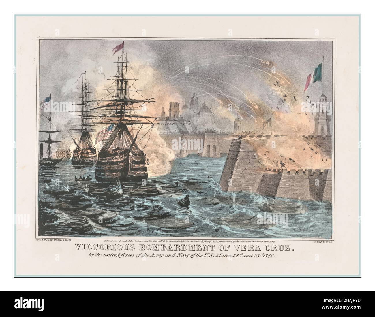 Victorious bombardment of Vera Cruz Vintage 1847 Lithograph shows American battleships bombarding the fort at Veracruz, Mexico. Sarony & Major, lithographer [New York] : Lith. & Pub. by Sarony & Major, 117 Fulton St. N.Y., [1847] -  Mexican War, 1846-1848--Naval operations--American -  Bombardment--Mexico--Veracruz (Veracruz-Llave)--1840-1850 -  Forts & fortifications--Mexico--Veracruz (Veracruz-Llave)--1840-1850 -  Naval warfare--American--Mexico--Veracruz (Veracruz-Llave)--1840-1850 Lithographs Hand-colored 1840-1850. Stock Photo