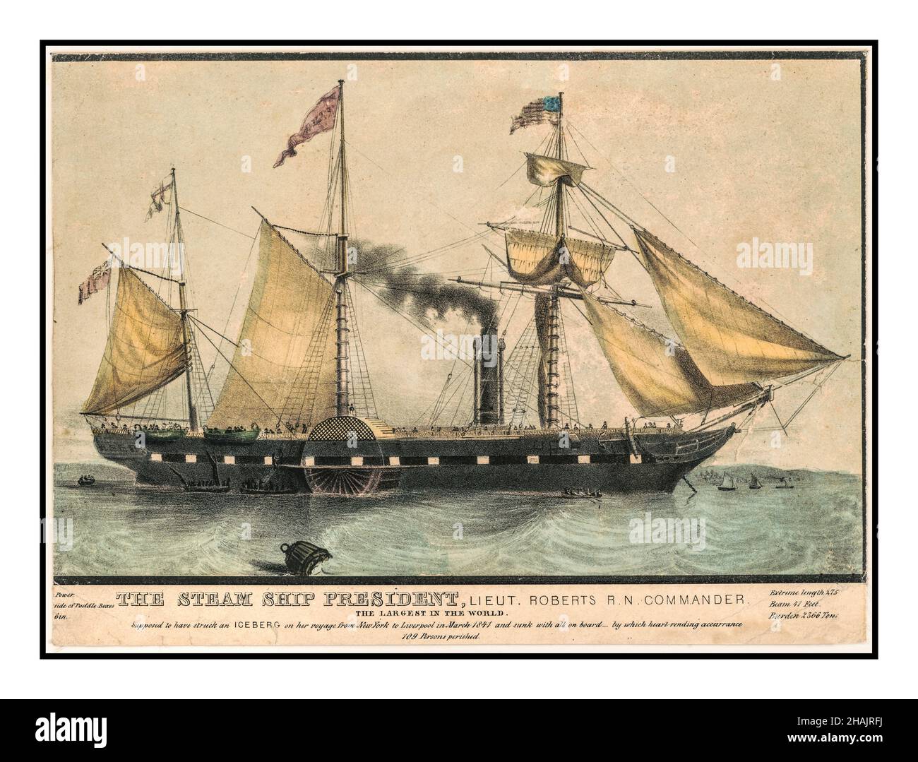 The Steam Ship 'President', Lieut. Roberts R.N. commander: the largest ship in the world N. Currier [New York : Published by N.Currier, between 1835 and 1907] Lithograph Hand-colored 1830-1910  Currier & Ives : a catalogue raisonné /  1 print : lithograph, hand-colored. Stock Photo