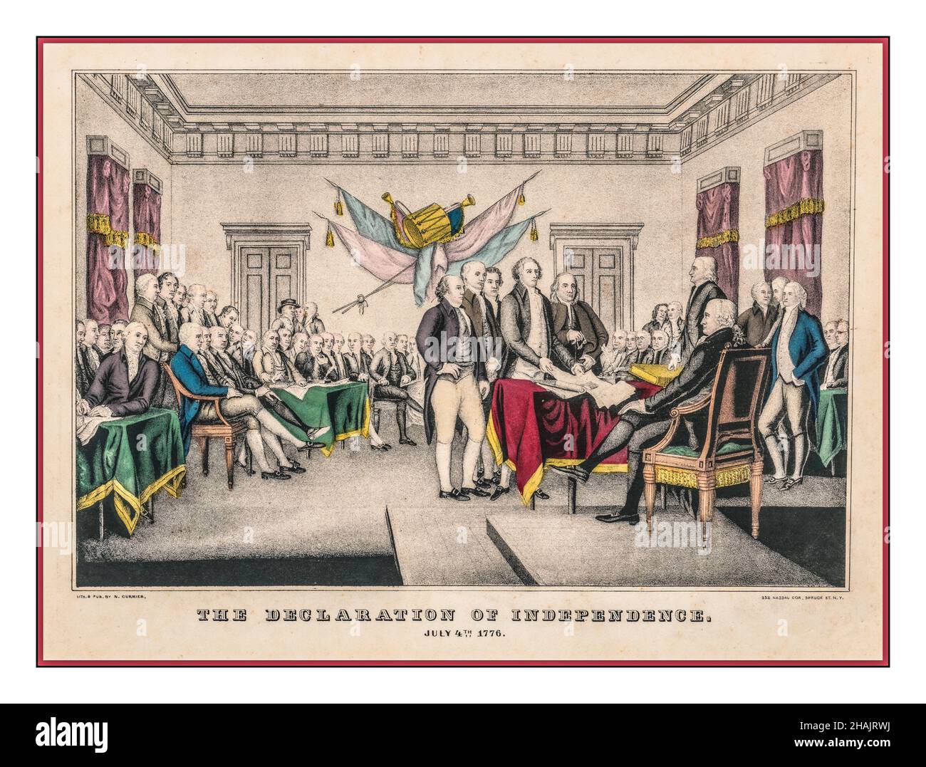 Declaration of Independence: July 4th 1776  lithograph Vintage Colour illustration 'Declaration of Independence: July 4th 1776 Lithograph shows the signing of the Declaration of Independence. N. Currier (Firm) [New York] : N. Currier, [between 1835 and 1856] -  United States.--Declaration of Independence--People -  United States--History--Revolution, 1775-1783--Political aspects Lithographs--Hand colored--1830-1860. Stock Photo