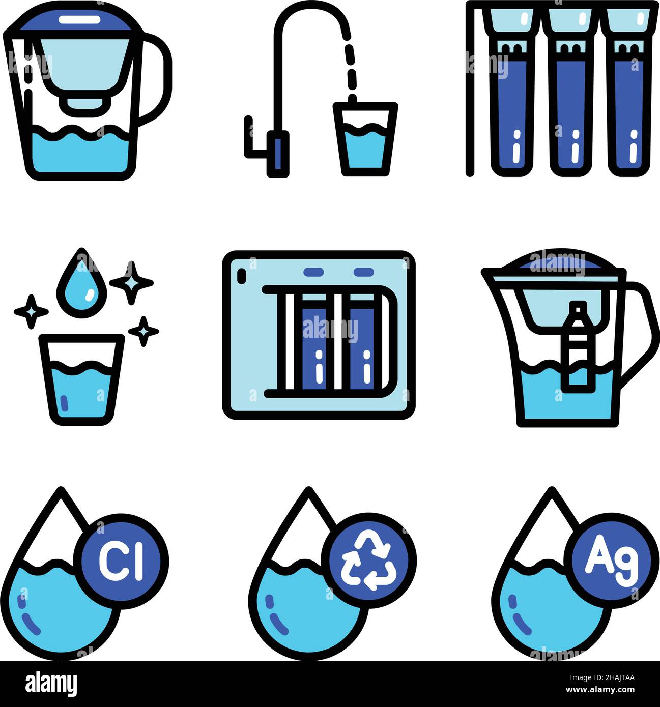 Water purification color icon set. Wastewater treatment collection