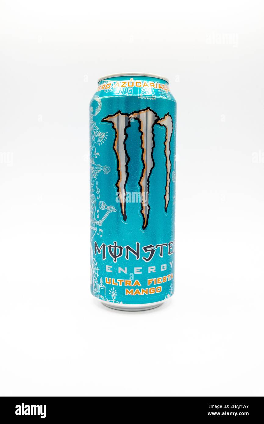 Lloret de mar, Spain - 12.13.2021: Monster energy cyan can with Mango flavour Stock Photo