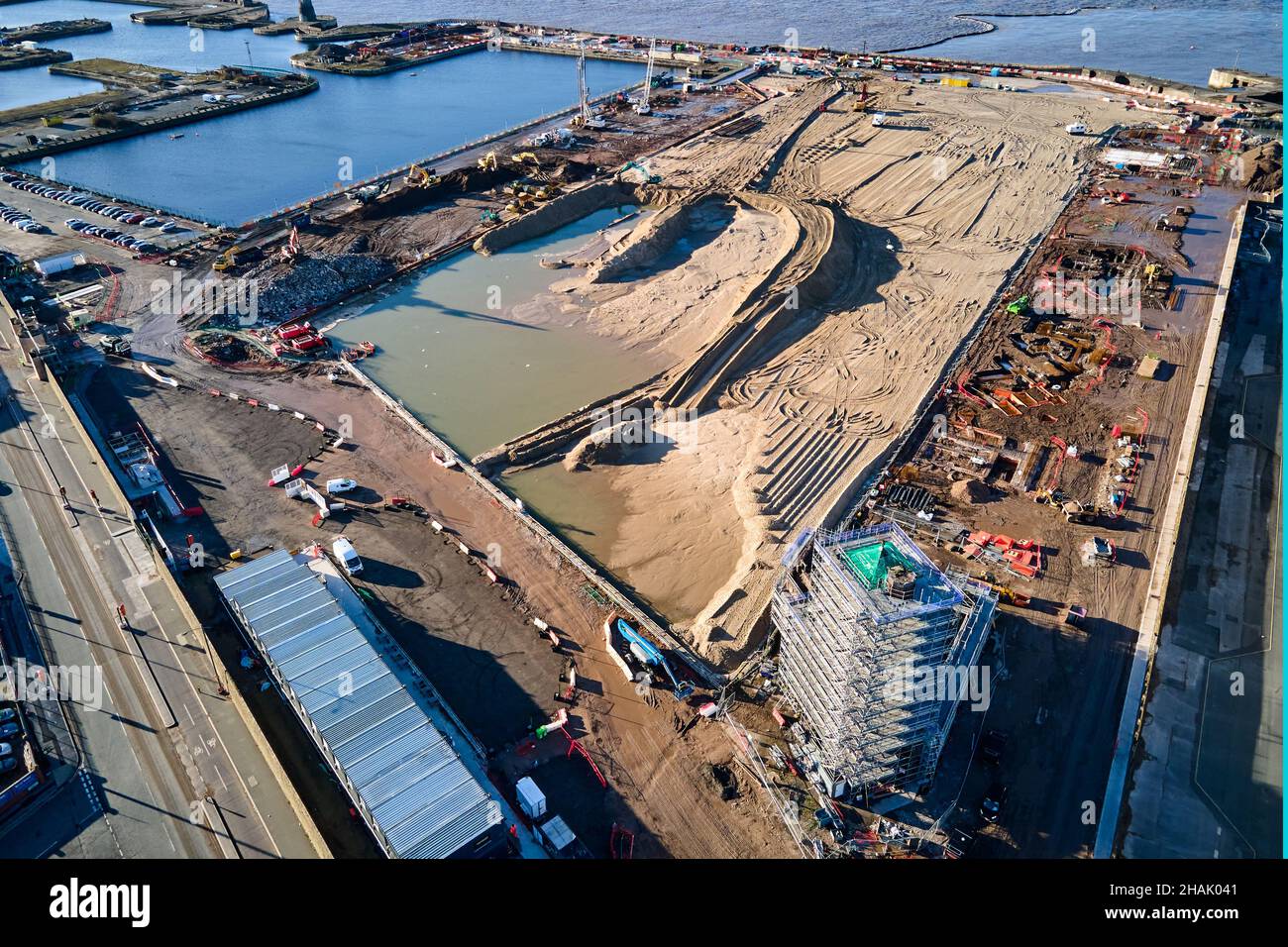 Liverpool, Merseyside, UK - Dec, 02 2021. A general aerial view of Bramley-Moore Dock during the construction of a new soccer stadium for Everton foot Stock Photo