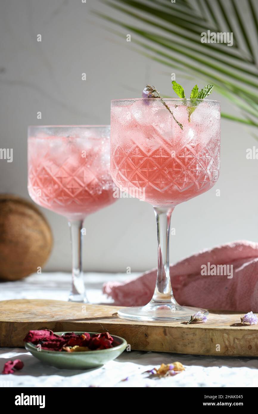 Iced rose cocktails decorated with spearmint Stock Photo