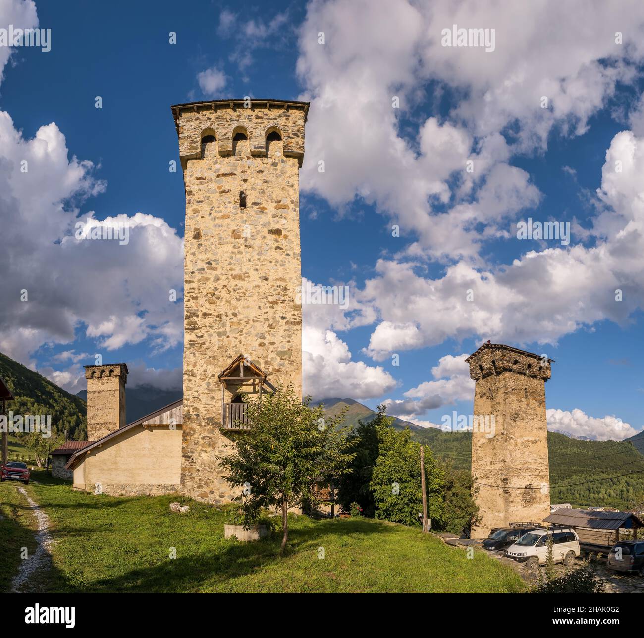 Historical Svan towers in Mestia, Svaneti region, Georgia Stock Photo