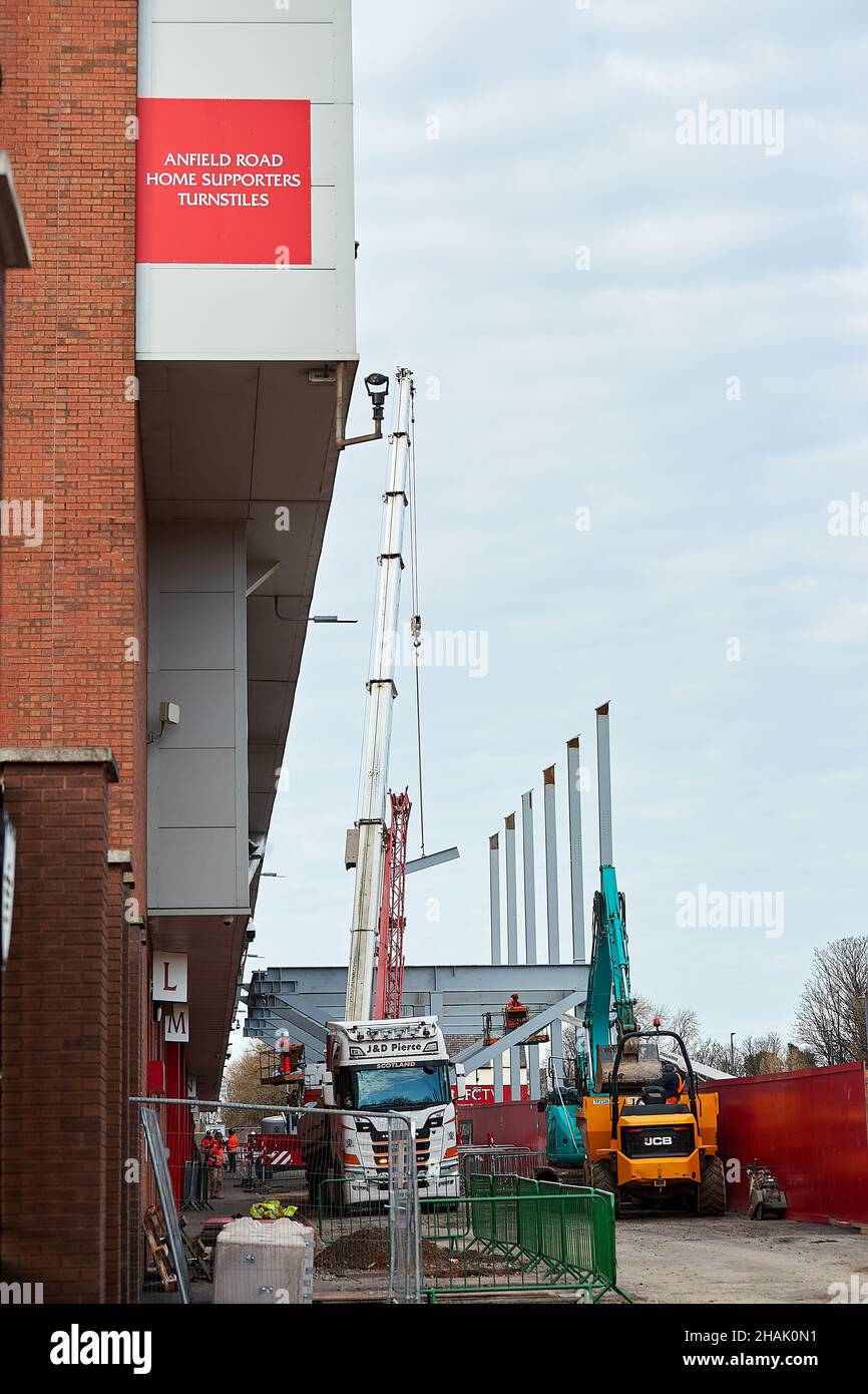 Liverpool, Merseyside, UK - Dec, 02 2021. A general view of the Anfield Road building site at Liverpool Football Club's Anfield Stadium as constructio Stock Photo