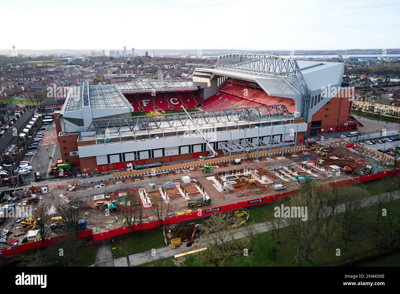 Liverpool, Merseyside, UK - Dec, 02 2021. A general aerial view of the Anfield Road building site at Liverpool Football Club's Anfield Stadium as cons Stock Photo