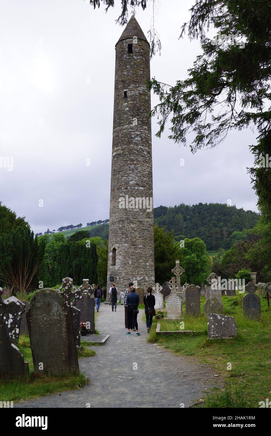Glendalough, County Wicklow (Ireland): the Round Tower in the monastic city Stock Photo