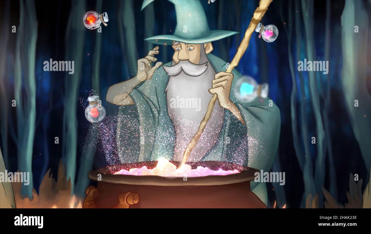 Wizards and magic. Stock footage. Cartoon animation of old wizard